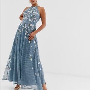ASOS Blue Embroidered Floral Halter Maxi Gown